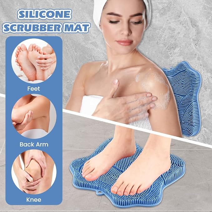 Shower Foot Scrubber Mat with Non-Slip Suction Cups & Hook,to Wall Mounted Back Scrubber Brush Mat,3 Type Brush Designs,for Deep Cleaning Shower Back Or Foot Exfoliating Massage