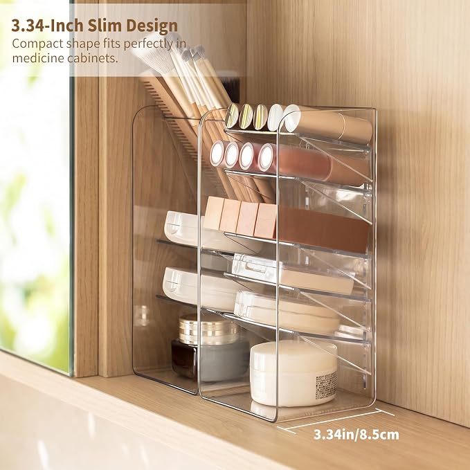 PAVSTINE 3-Pack Medicine Cabinet Organizer, Clear Open Storage Compartment with Adjustable Dividers, for Lip Oil/Lip Pencil/Eye Shadow Palette/Foundation Storage