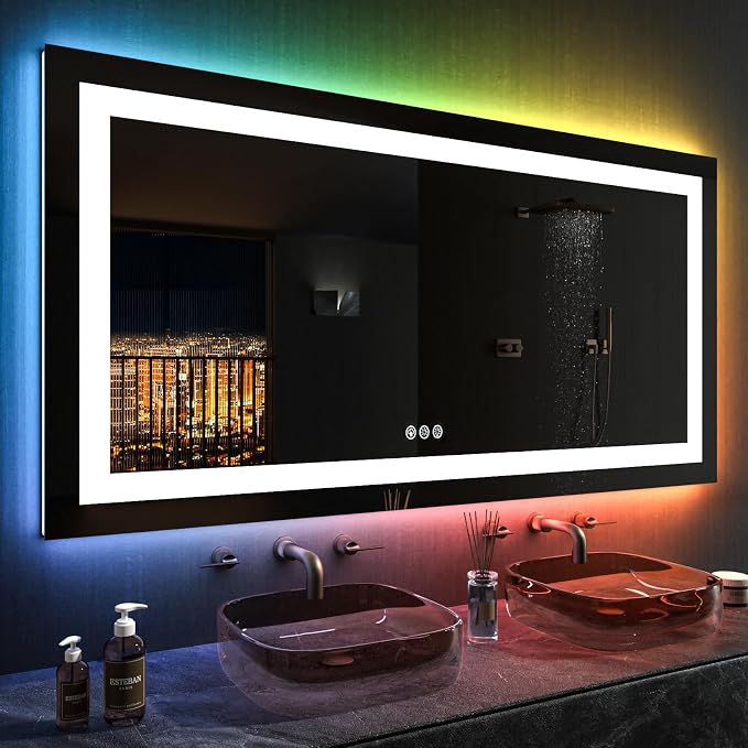 LOAAO 55"X30" RGB LED Bathroom Mirror with Lights, UL Listed | Anti-Fog, Dimmable, RGB Backlit + Front Lighted, Memory Function, Tempered Glass