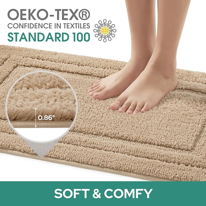 HOMEIDEAS Bathroom Rugs Sets 2 Piece, U-Shaped Toilet Rug Khaki | Super Soft and Absorbent Non Slip Microfiber Bath Rug，Machine Washable, for Bathroom, 20"x32"+U Shape 20"x24"