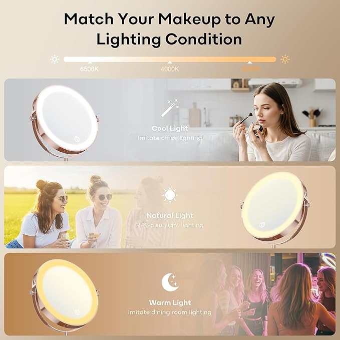 Dienmern Makeup Mirror, 1X/20X Rechargeable Vanity Mirror with Lights | Double-Sided, 5000mAh, 3 Color Dimmable Brightness, Magnification, 360° Rotation, for Dorm, Room Essentials, Women Gift
