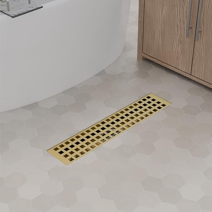 Linear Shower Drain 12 Inch, Modern Rectangle Shower Floor Drain with Removable Quadrato Pattern Grate, Stainless Steel SUS 304, Linear Drain with Leveling Feet& Hair Strainer