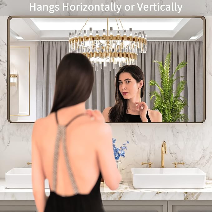 LOAAO 55”X30” Bronze Bathroom Mirrors for Vanity, Rounded Rectangle Brushed Bronze Metal Frame Mirror, Anti-Rust, Tempered Glass, Hangs Horizontally or Vertically | Rounded Rectangle, Brushed Bronze Metal Frame, Anti-Rust, Tempered Glass, Hangs Horizon...