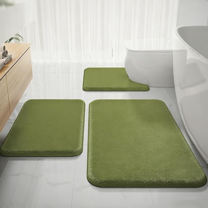 Green Bathroom Set Extra Soft Memory Foam Bath Mat Sets 3 Piece Non Slip Absorbent & Dry Living Mat Sets Washable Bath Carpets with Toilet Rug,Bath Rugs for Bathroom,Tub,Shower,Kitchen,Bedroom