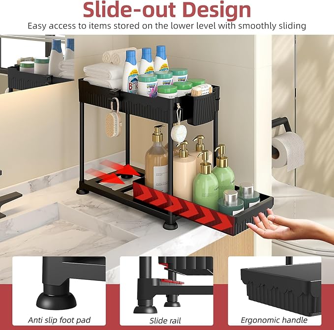 Sevenblue 4 Pack Under Sink Organizer, Bathroom Organizers and Storage, 2 Tier Multi-Use Pull Out Cabinet Organizer with Hang Hooks and Cups (Black, 4 Pack) | Multi-use kitchen & bathroom storage. Includes hanging hooks and cups. Black, space-saving ca...