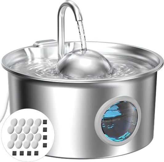 Pet Water Fountain Stainless Steel: 8 Filters + 8 Sponges Cat Fountains for Drinking - Metal Pet Fountain - Running PetFountain Filtered - DCTROD 88oz/2.6L Faucet Pet Bowl Dispenser Fountains