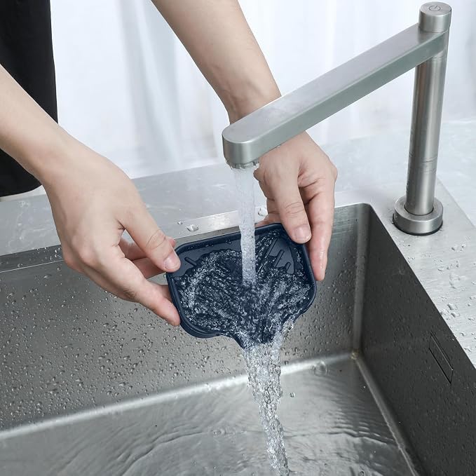 MicoYang Silicone Soap Dish with Drain Spout, Self-Draining Sink Organizer Tray for Bathroom and Kitchen, Sponges, Dispensers & Soap Holder, Non-Slip & Dishwasher Safe, Navy Blue (Compact, 4.9"×3.2")
