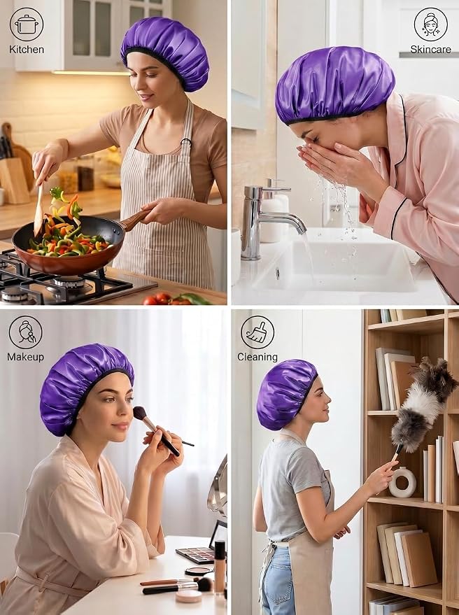 Aquior Shower Cap,Extra Large Triple Layer Bathing Cap with Dry Hair Function for Women Microfiber Terry Cloth Silky Satin 100% Waterproof Reusable Long Hair Bath Caps (Purple)