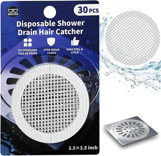 Breliter Disposable Shower Drain Hair Catcher, 30pcs Strong Adhesive Drain Cover Strainer for Shower, Bathtub and Vanity Sink, Waterproof Mesh Filter Stickers to Prevent Clogs, Tear-Resistant