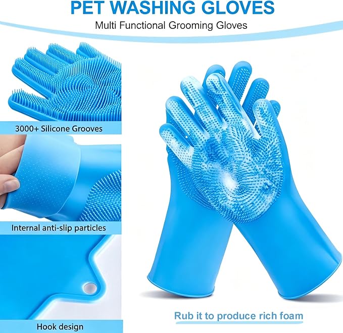 6PCS Blue Dog Bath Kit with Brush, Scrubber, Gloves, Towel & Bag | Dog Brush, Washing Gloves, 39.7" × 20.5" Towel, Shampoo Brush, Bath Scrubber and Big Toiletries Bag