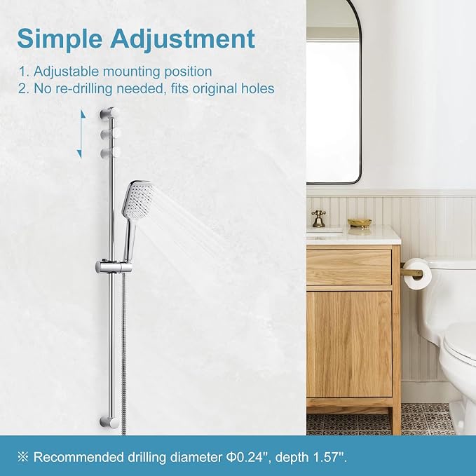 OFFO Shower Slide Bar Combo, Adjustable 39 in Slide Bar with 3-Mode Square Handheld Shower Head and 60 in Stainless Steel Hose, Screw Wall Mounted, Chrome Finish