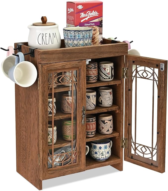 Ikee Design 4-Tier Small Wooden Countertop Storage Cabinet with Adjustable Shelves and Doors, Removable Hooks, Perfect for Perfume, Pantry, Essential Oil, Collection, 14.8W x 6.1D x 14.4H in, Brown