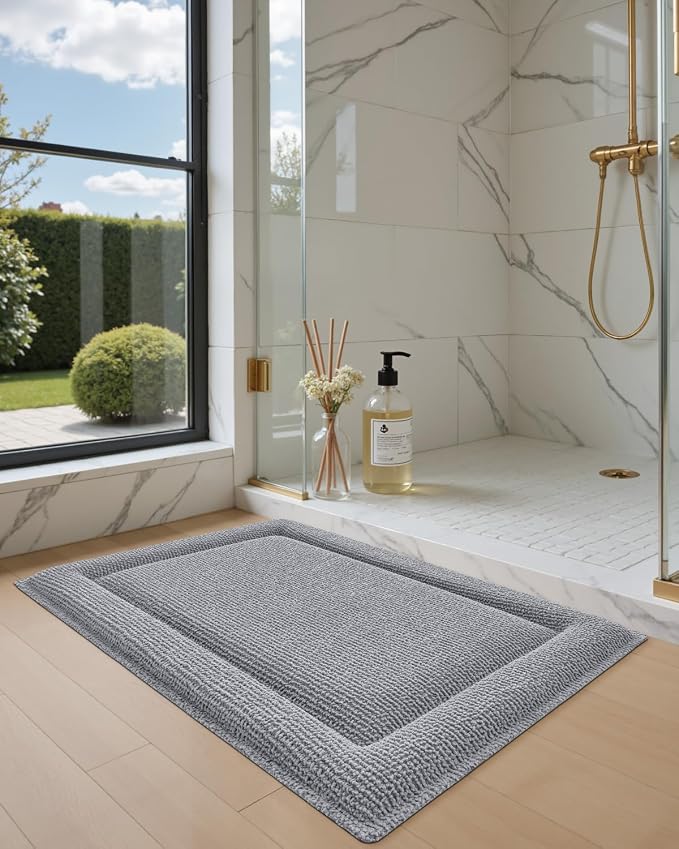 DEXI Memory Foam Bath Mat 24x17, Thick Chenille Bathroom Rug, Light Grey | Ultra Soft Absorbent, Non Slip Quick Dry, Cushion Plush Bath Carpet for Tub Shower, Sink
