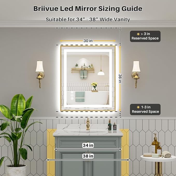 36x30 Inch LED Bathroom Mirror with Gold Frame, Backlit & Front Lit | Anti-fog, 3 Color Dimmable, Memory Function, HD Reflection Tempered Glass, ETL Listed, IP54 Waterproof