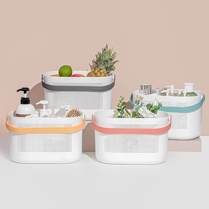 UUJOLY Plastic Storage Baskets with Handles, Shower Caddy Shelf Organizers Basket for Bathroom, Kitchen, Dorm Room, Grey