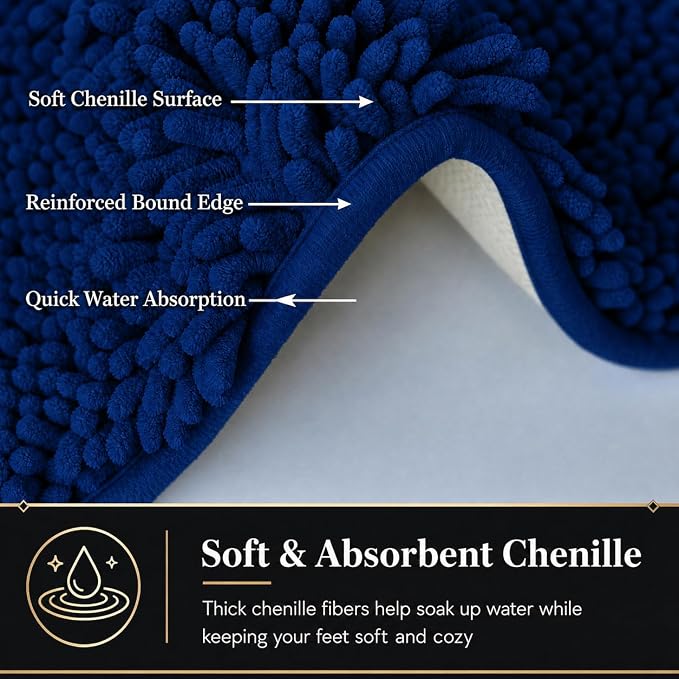 Bathroom Rugs Chenille Bath mat 3 Piece Set, Super Absorbent, Strong PVC Non Slip Backing, Bath mats for Bathroom, Plush Shaggy, Thick, Machine Washable, Bathtub, Toilet, Navy Blue
