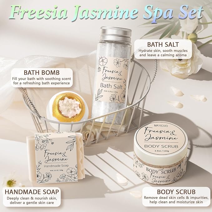 Spa Gifts Baskets for Women Bath Set Birthday Gifts for Women Self Care Kit | Freesia & Jasmine Spa Gifts Home Bath Relax Care Package, Christmas Thank You Gifts for Women Mom Her Friend Sister Teacher