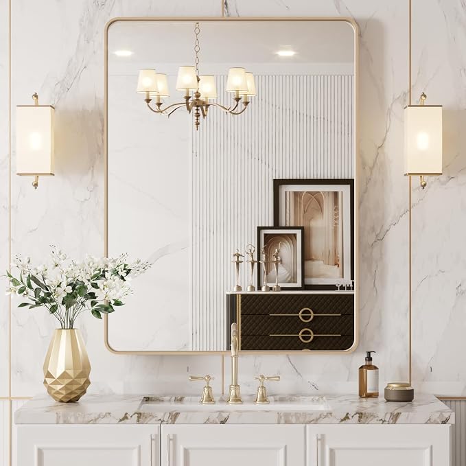 LOAAO 20"X30" Gold Bathroom Mirror | Rounded Rectangle, Brushed Gold Frame, Wall-Mounted, Anti-Rust, Hangs Horizontally or Vertically