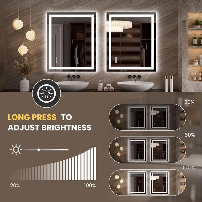 LOAAO 35.4"x29.9" LED Bathroom Mirror with Lights, UL Listed | Anti-Fog, Dimmable, 3 Color Temperature, Backlit + Front Lit, Memory Function, Tempered Glass