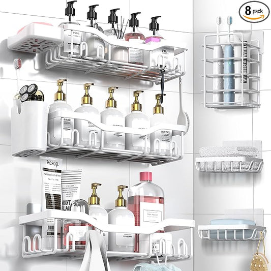 NESOMI Shower Caddy Adhesive Shower Organizer 8-Pack, Rustproof Stainless Steel Bathroom Shelves, Large Capacity No-Drill Rack Storage Accessories with Soap Dish Toothbrush Holder Hooks