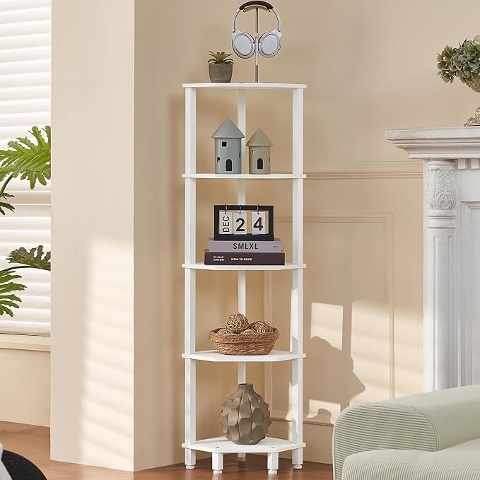 YUFAM 5-Tier Corner Shelf with Sturdy 5-Leg Base, Wooden Corner Bookshelf for Small Spaces, Corner Standing Shelf for Living Room, Bedroom, Office, White