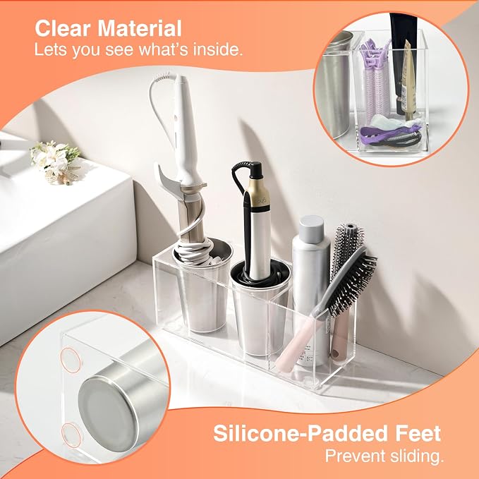 Acrylic Hair Tool Organizer, Curling Iron Holder Countertop, Hair Dryer Organizer Under Sink Wall Mount, Hot Tools Holder for Vanity Bathroom, Clear