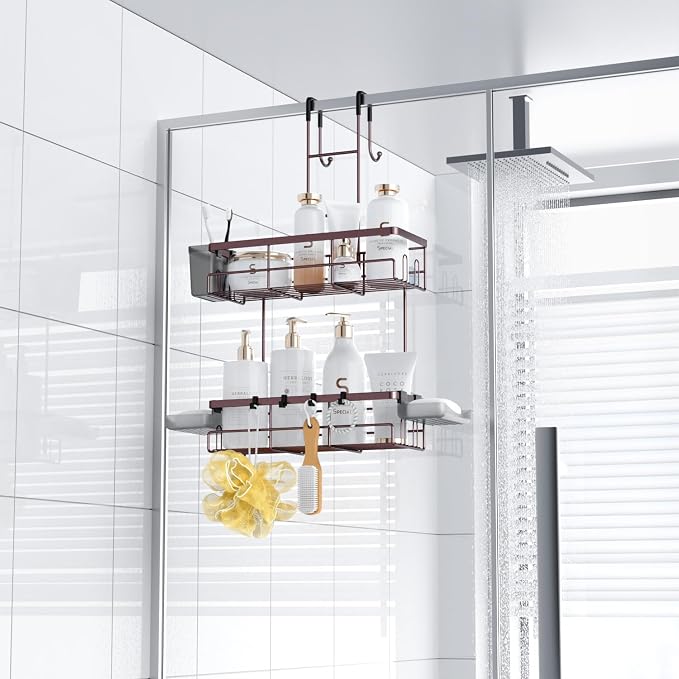Over the Door Shower Caddy Hanging: No Drill Rustproof Shower Organizer | Includes Hooks & Soap Holders for Shampoo, Conditioner and Bathroom Essentials, Anti-Slip Design for Any Shower Room
