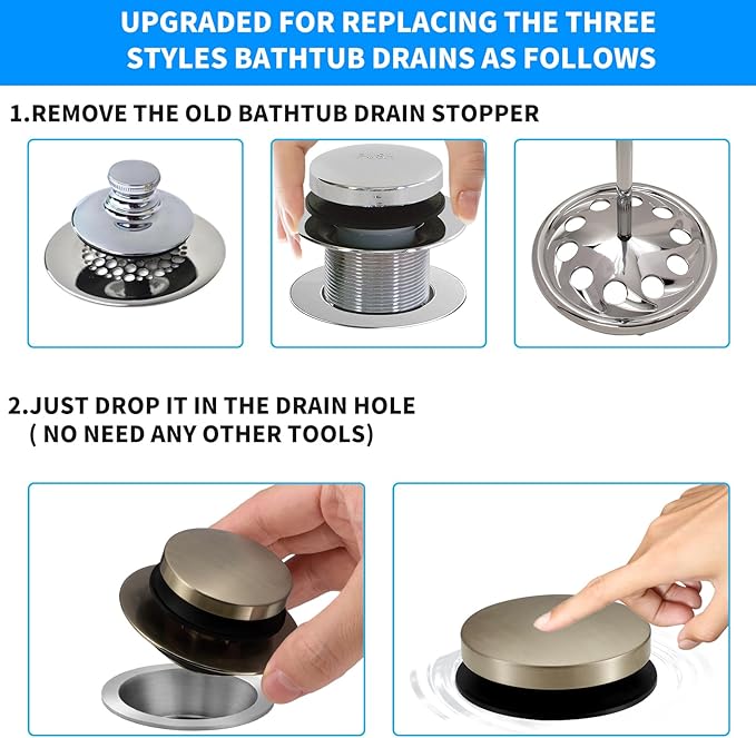 Bathtub Drain Stopper, Tub Plug for 1.5"-1.72" Regular Drains | Universal Pop Up Tub Stopper Replacement for Tip Toe/Trip Lever/Lift&Turn Tub Drains, 3 O-Rings,Brushed Silver