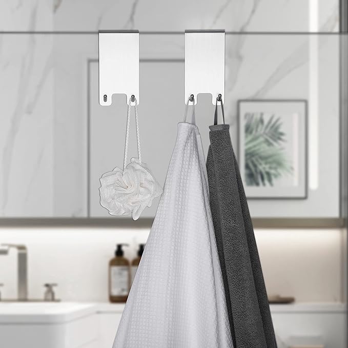 Taozun Over The Door Hooks - Stainless Steel Shower Towel Hooks, Squeegee Holder, Frameless Glass Shower Door, 2 Packs