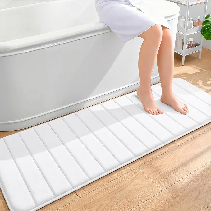 OLANLY Memory Foam Long Bathroom Rugs Runner 59x20, Super Soft Absorbent | White, Quick Dry Bath Mat, Machine Washable Shower Floor Rugs, Bathmat Carpet for Bathroom Floor, Tub and Shower