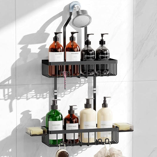 Shower Caddy Hanging, Never Rust Shower Organizer Hanging, Aluminum Shower Racks for Inside Shower with Hooks for Razor, Bathroom Organizers and Storage with Soap Holder, Black