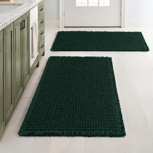 MIULEE Set of 2 Waffle Bathroom Rugs Boho Bath Mat Dark Green 18x30 Inch | Non Slip, Super Absorbent, Washable, Ultra Soft, Rubber Backed Bath Rugs for Bathroom Floor Tub Shower