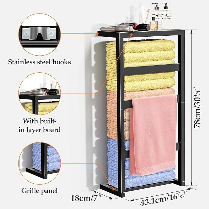 Bamboo Wall Blanket Ladder, 4-Tier Towel Racks, Blanket Holder with Anti-Slip Construction Home Decor, Decorative Blanket, Quilt, Towel, Scarf Ladder Shelves for Bathroom, Living Room, Bedroom, Black