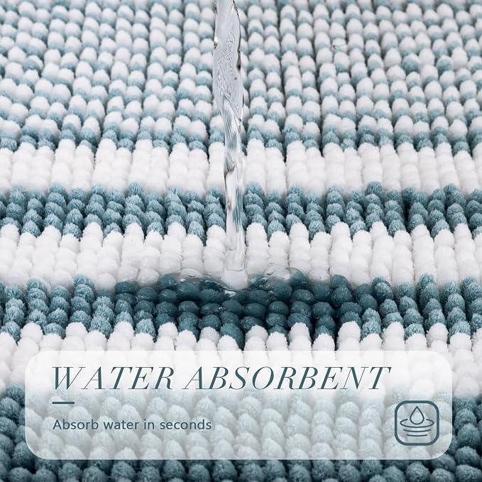 Bathroom Rugs, 17x24 Chenille Bath Mats, Denim Blue | Extra Soft Absorbent, Non Slip Striped, Quick Dry Machine Washable, Modern，Shower Rug for Bathroom Bedroom Decor