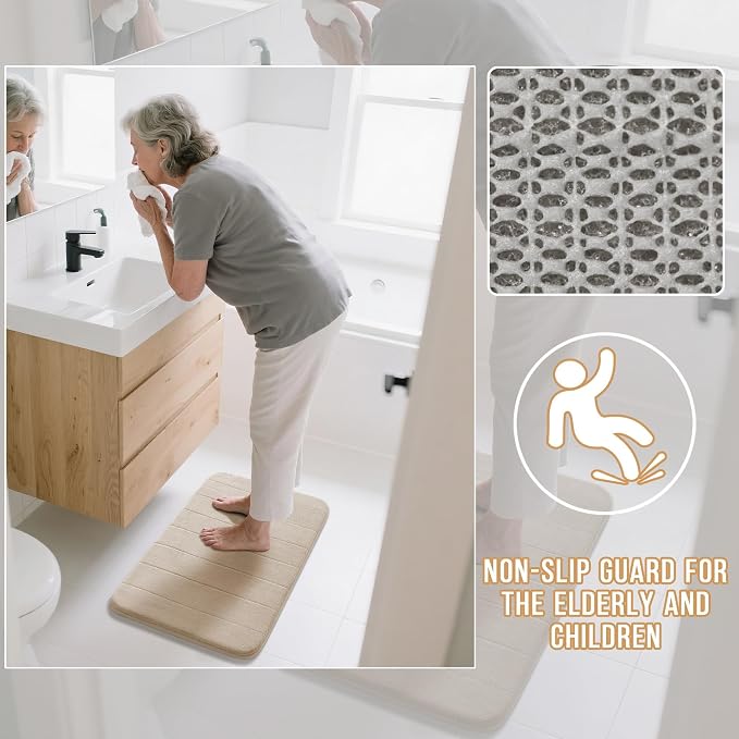 Yimobra Memory Foam Bath Mat Set 2 Piece - Super Soft Absorbent Quick Dry Bathroom Toilet Rugs, Machine Washable Non Slip Floor Carpet for Tub Shower & Single Sink (31.5x20 & 24x20, Beige)