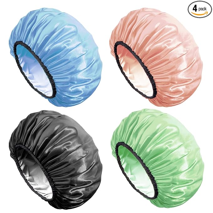 Aquior Shower Cap,4-Pack Large Shower Caps for Women Long Hair, Premium Soft Silky Satin Reusable Hair Cap For All Hair Lengths And Big Hairstyles