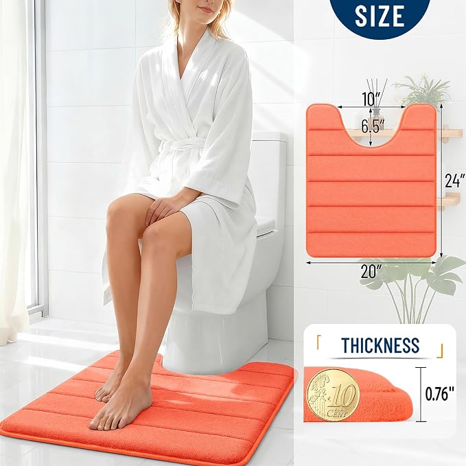 OLANLY Memory Foam Toilet Rugs U Shaped 24x20, Super Soft and Absorbent | Coral, Quick Dry Commode Contour Bath Rugs, Machine Washable Toilet Mat, Comfortable Bathmat Carpet for Bathroom Floor
