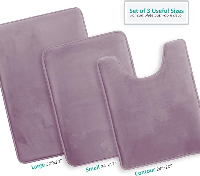 Clara Clark 3 Piece Bathroom Rugs, Velvet Memory Foam Bath Mat Set, Non-Slip Bath Rugs, Machine Wash, Dries Quickly, Ultra Soft Plush Bath Mats for Bathroom, 17 x 24/20 x 32 / Contour, Dusty Purple