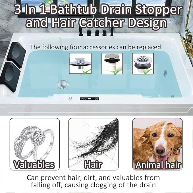 AzWzz Bathtub Drain Stopper,Pop Up Tub Stopper Plug with Hair Catcher Cover | All-metal, Universal for 1.45 in to 1.8 in Tub Drain, Brushed Nickel