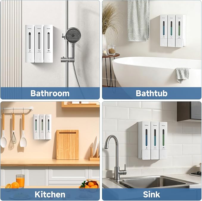Shampoo and Conditioner Dispenser - Shower Soap Dispenser Wall Mounted No Drill - Shampoo Conditioner Body Wash Dispenser 3 Chamber - Easy Install for Bathroom Hotel White 1200ml