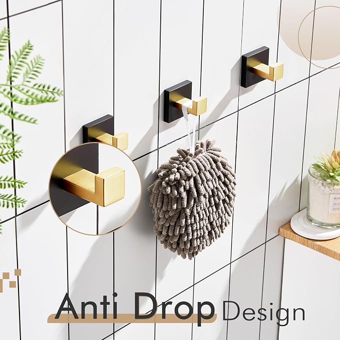 KOKOSIRI Robe Hooks for Wall Bathroom Towel Hooks Coat Hook Kitchen Garage Heavy Duty Wall Mounted Stainless Steel Brushed Gold and Matte Black, 3 Pack B1010GDK-P3