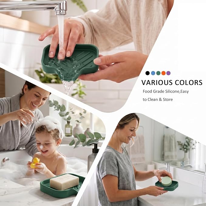 MicoYang Silicone Soap Dish with Drain Spout, Self-Draining Sink Organizer Tray for Bathroom and Kitchen, Sponges, Dispensers and Soap Holder, Non-Slip and Dishwasher Safe, Green (Compact, 4.9"×3.2")