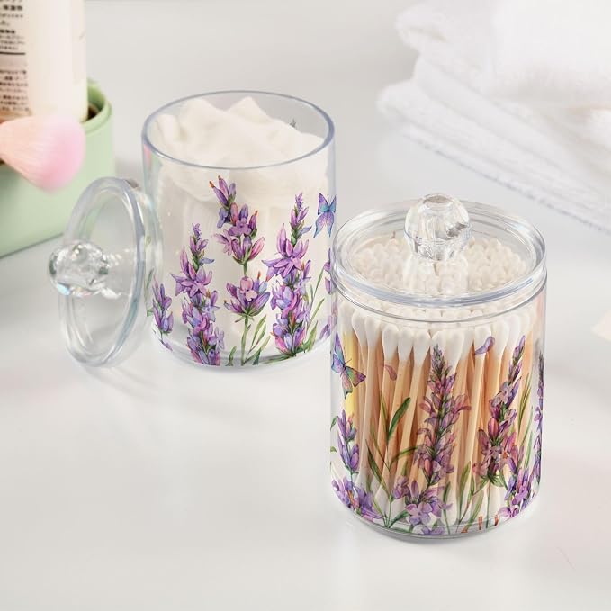 ALAZA Purple Toothbrush Holder 2 Pack Qtip Holder Dispenser for Cotton Ball Lavender Flower Purple Cotton Swab Round Pads Clear Plastic Acrylic Jar Set Bathroom Canister