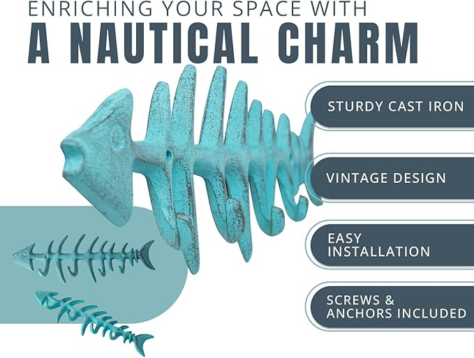 Comfify Blue Fish Bones Cast Iron Wall Hook Rack – 4 Hooks, Screws | Blue; fish bones cast iron; 9.05"L x 3.34"H; 4 hooks; screws & anchors included; coastal nautical decor