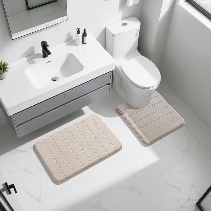 Yimobra Memory Foam Bath Mat Set 2 Piece - Super Soft Absorbent Quick Dry Bathroom Toilet Rugs, Machine Washable Non Slip Floor Carpet for Tub Shower & Single Sink (31.5x20 & 24x20, Beige)