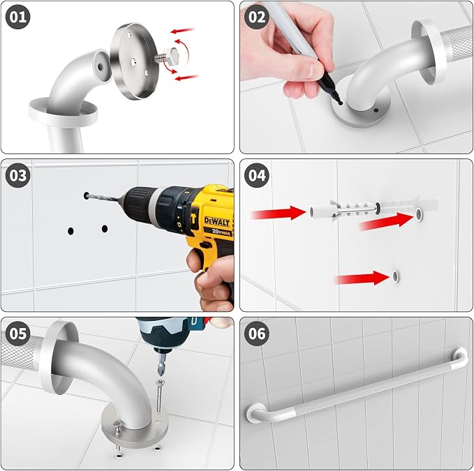 36 Inch White Shower Grab Bar with Anti-Slip Knurled Grip,YuanDe Stainless Steel Bathroom Grab Bars，Shower Handrail Support, Handicap Elderly Balance Assist Handles