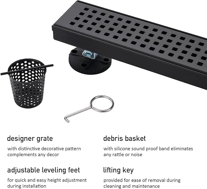 AVSIILE Linear Shower Floor Drain, Matte Black 36 Inch 304 Stainless Steel Bathroom Drains Kit, Long Rectangular Shower Trench Drain with Square Pattern Drain Cover & Hair Catcher