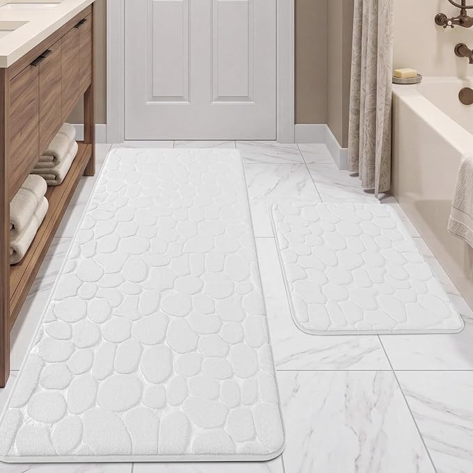 YIHOUSE Bathroom Rugs Mat Set, Memory Foam Bath Mat 2 Piece White | 17x24&20x46, Non Slip, Water Absorbent, Washable, Bath Mat For Bathroom, Sink and Toilet