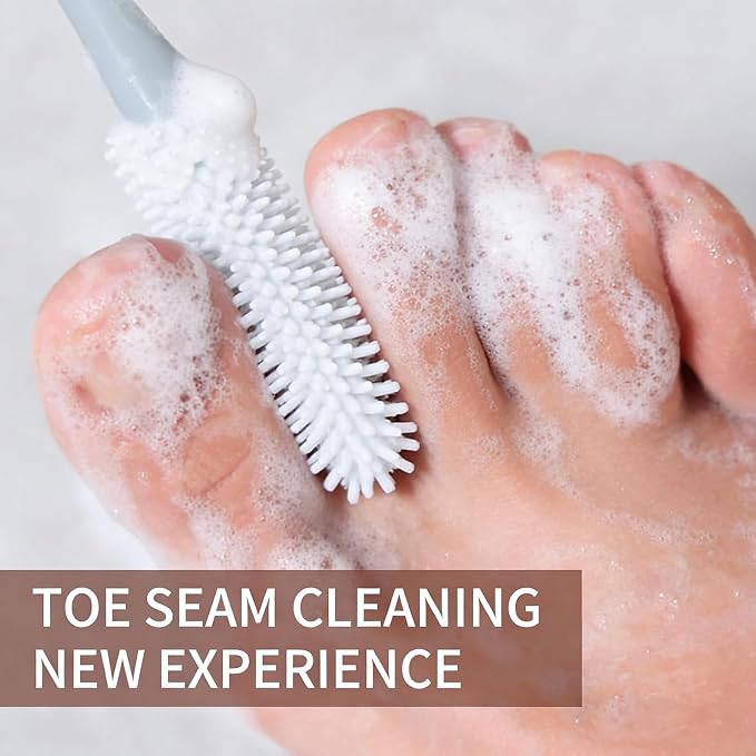Toe Cleaning Brush, Silicone Toe Gap Cleaner 15.7inch Long Handled Foot Brush for Seniors, Soft Rubber Brush Exfoliating Foot Scrubber for Shower - Seniors, Men and Women (Grey+Pink)