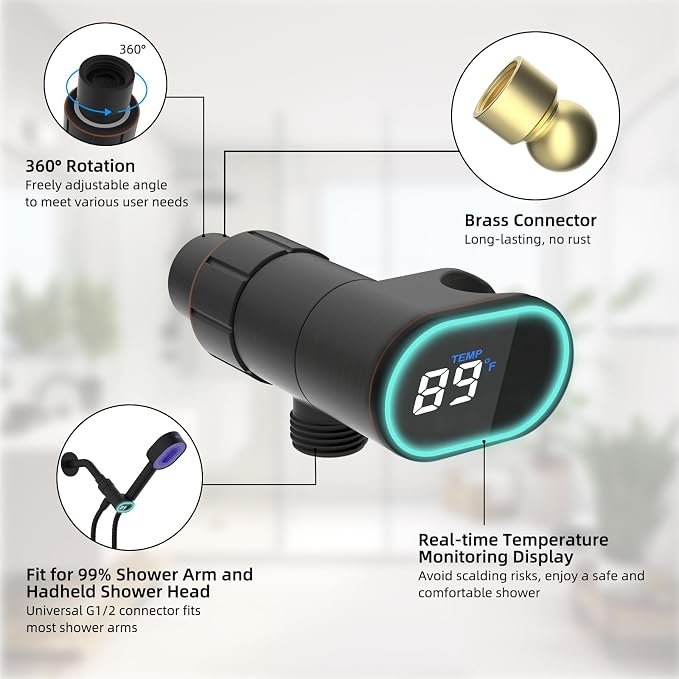 Hibbent Upgraded Metal Shower Head Holder with LED Display Thermometer, Adjustable Shower Arm Mount for Handheld, Universal Handheld Bracket, Solid Brass Ball, Oil-Rubbed Bronze